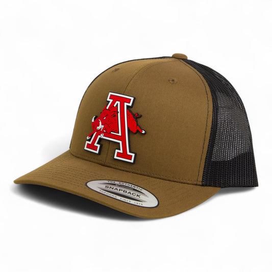 Arkansas Razorbacks Jumping Hog 3D YP Snapback Trucker Hat- Coyote Brown/ Black