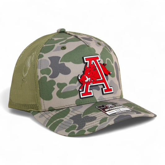 Arkansas Razorbacks Jumping Hog 3D Snapback Trucker Hat- Marsh Duck Camo/ Loden
