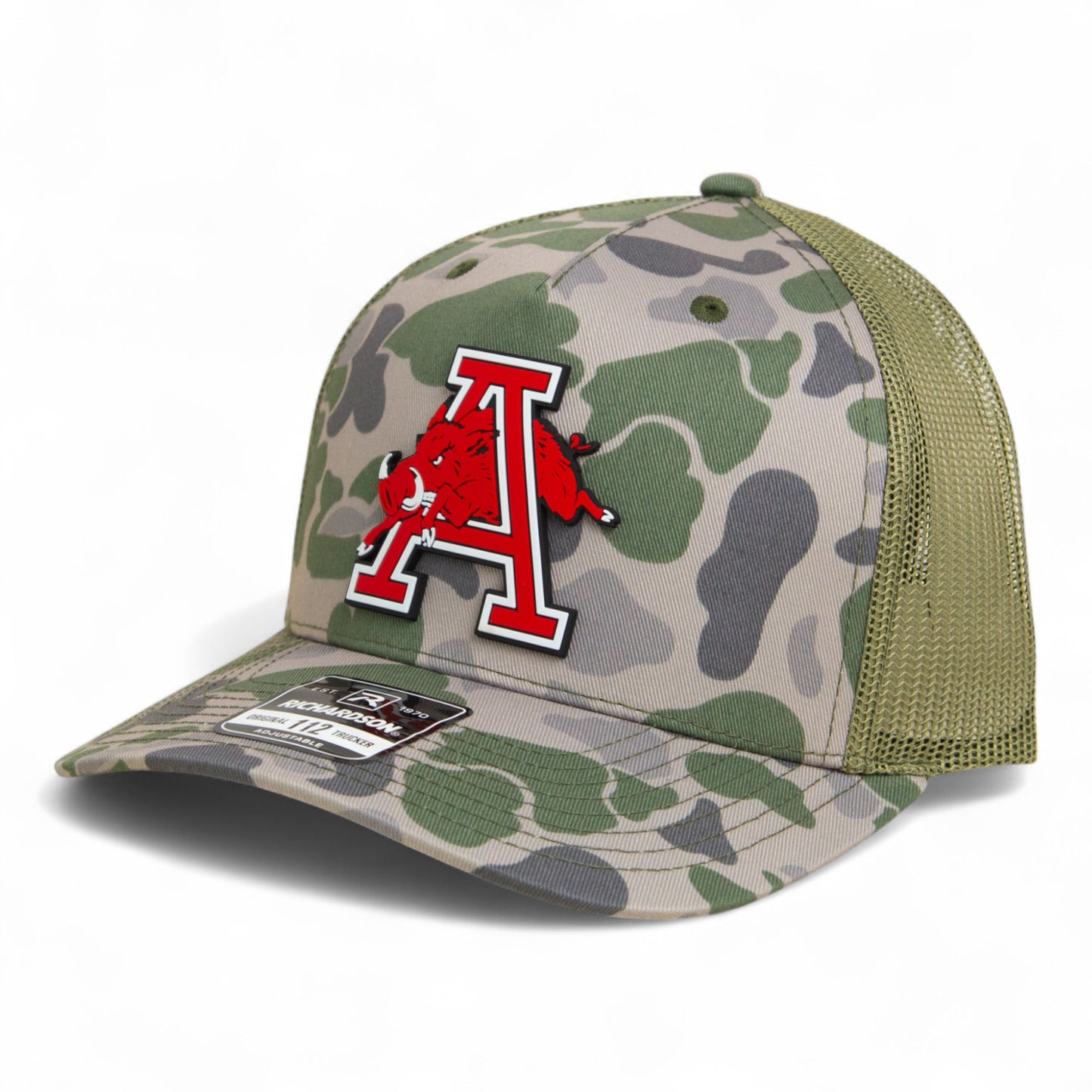 Arkansas Razorbacks Jumping Hog 3D Snapback Trucker Hat- Marsh Duck Camo/ Loden