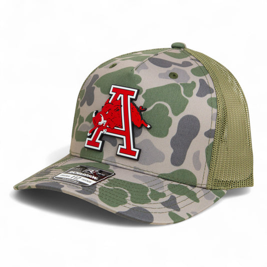 Arkansas Razorbacks Jumping Hog 3D Snapback Trucker Hat- Marsh Duck Camo/ Loden