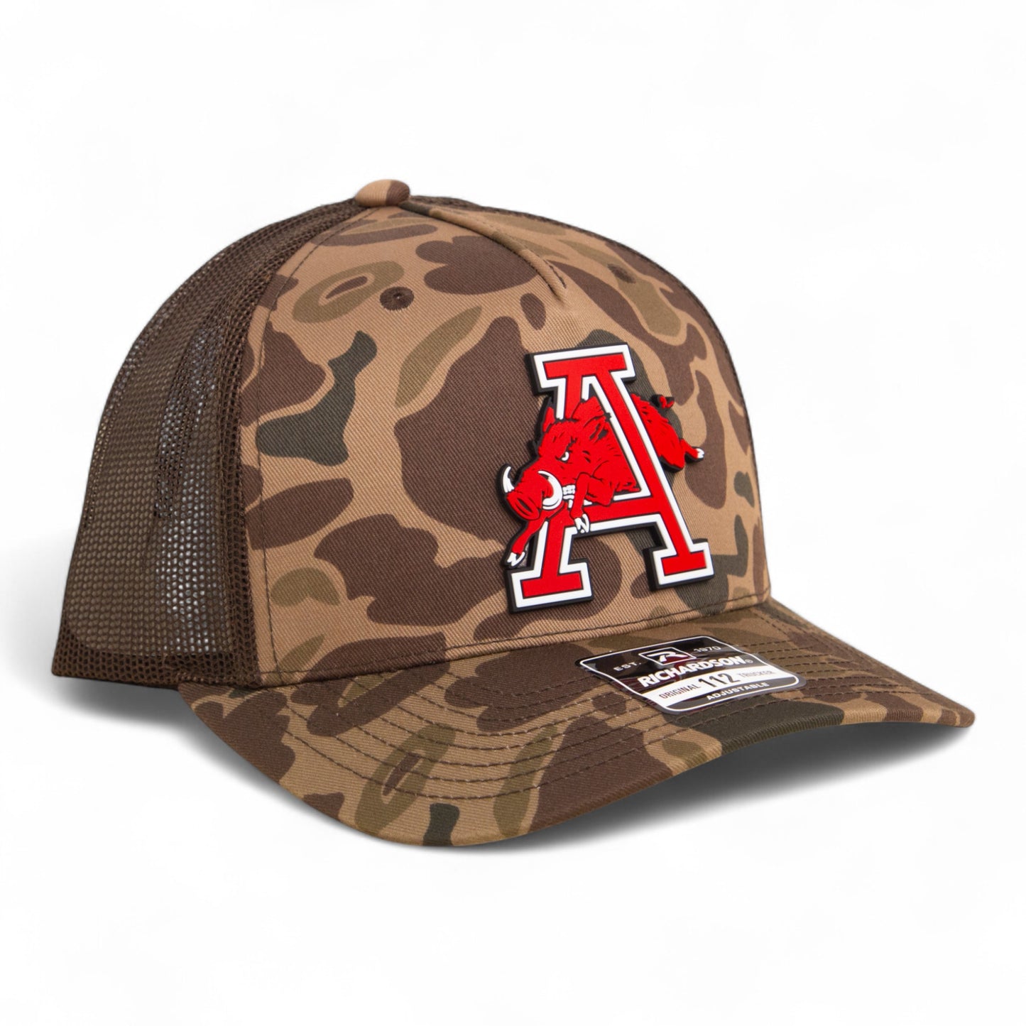 Arkansas Razorbacks Jumping Hog 3D Snapback Trucker Hat- Bark Duck Camo/ Brown