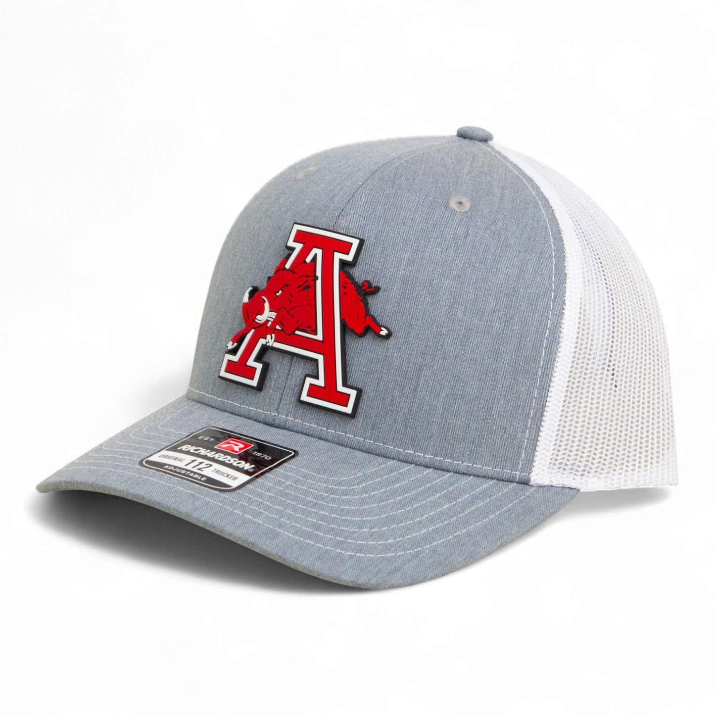 Arkansas Razorbacks Jumping Hog 3D Snapback Trucker Hat- Heather Grey/ White