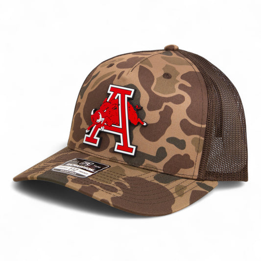 Arkansas Razorbacks Jumping Hog 3D Snapback Trucker Hat- Bark Duck Camo/ Brown