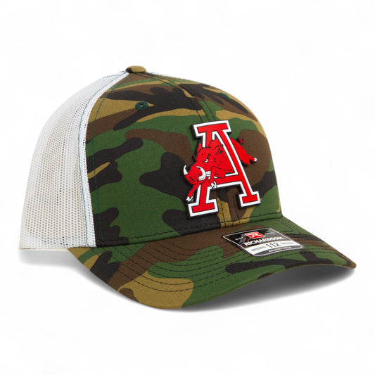 Arkansas Razorbacks Jumping Hog 3D Snapback Trucker Hat- Army Camo/ White