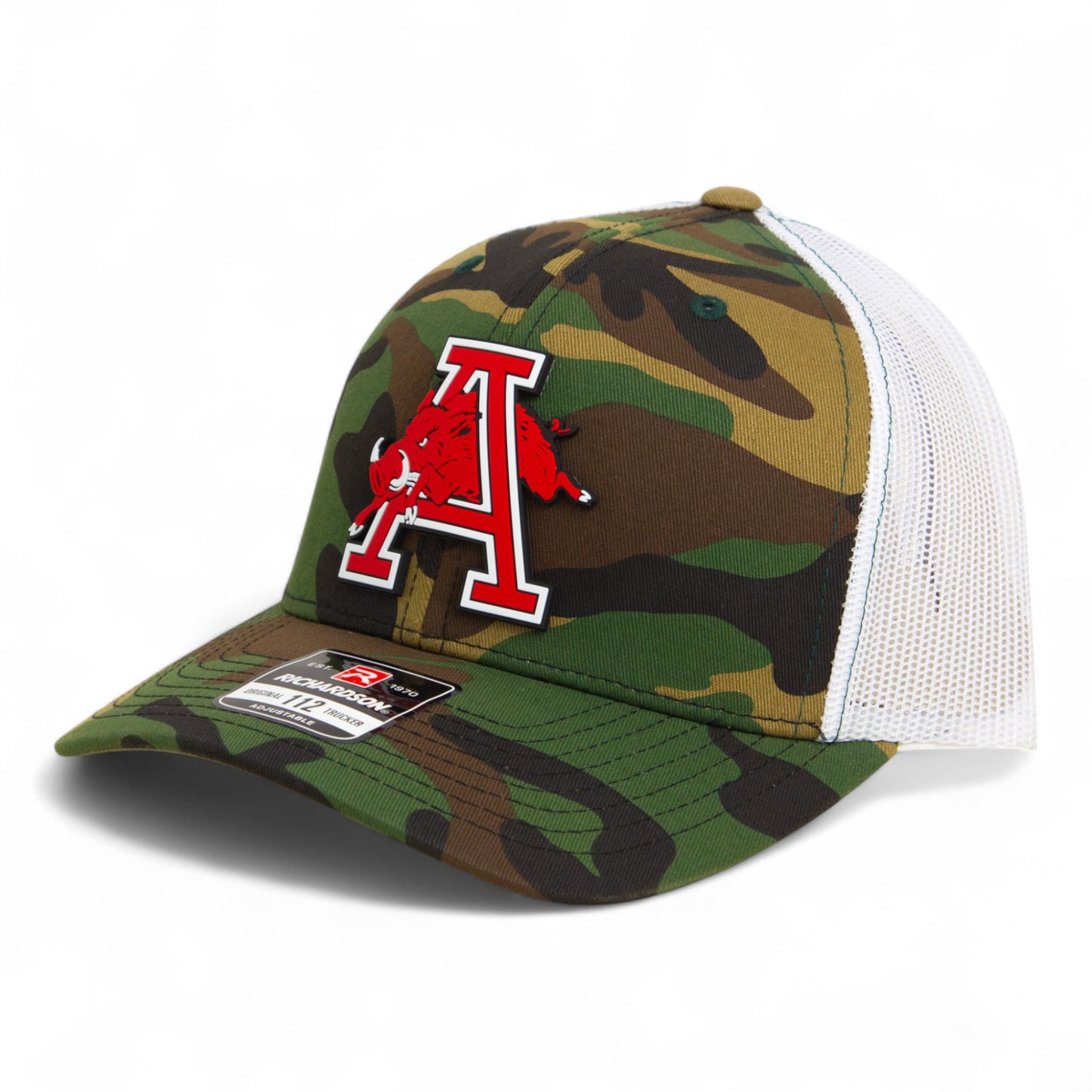 Arkansas Razorbacks Jumping Hog 3D Snapback Trucker Hat- Army Camo/ White