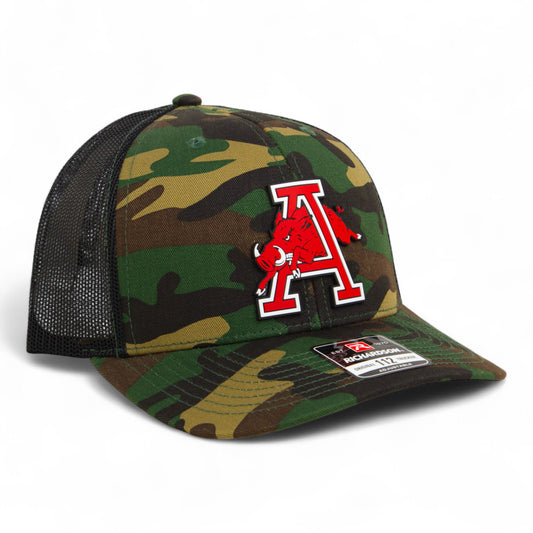 Arkansas Razorbacks Jumping Hog 3D Snapback Trucker Hat- Army Camo/ Black