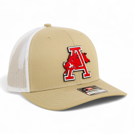 Arkansas Razorbacks Jumping Hog 3D Snapback Trucker Hat- Tan/ White