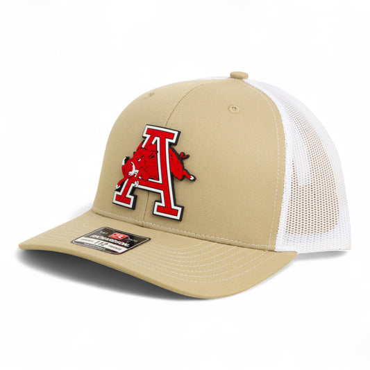 Arkansas Razorbacks Jumping Hog 3D Snapback Trucker Hat- Tan/ White