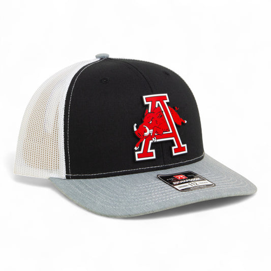Arkansas Razorbacks Jumping Hog 3D Snapback Trucker Hat- Black/ White/ Heather Grey