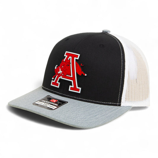 Arkansas Razorbacks Jumping Hog 3D Snapback Trucker Hat- Black/ White/ Heather Grey