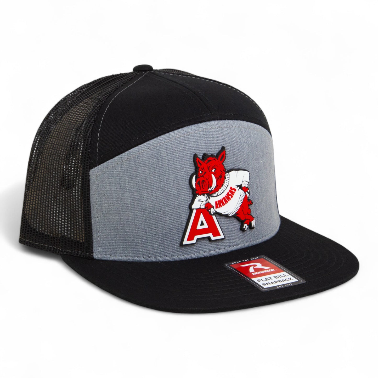 Arkansas Razorbacks Leaning A 3D Snapback Seven-Panel Flat Bill Trucker Hat- Heather Grey/ Black