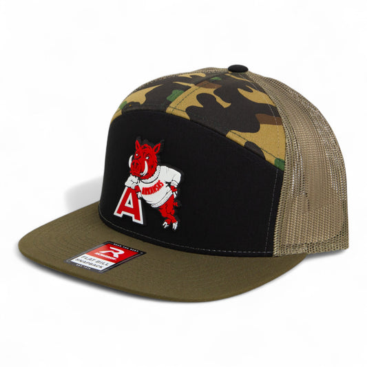 Arkansas Razorbacks Leaning A 3D Snapback Seven-Panel Flat Bill Trucker Hat- Black/ Camo/ Loden