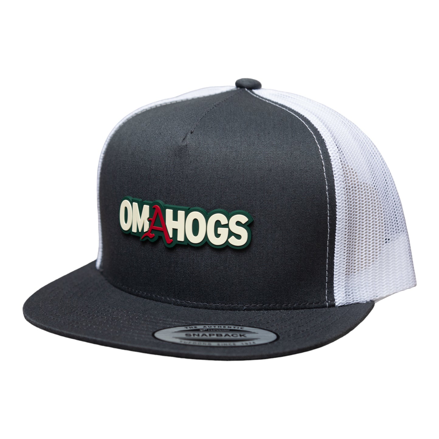 Arkansas Razorbacks OMAHOGS YP Snapback Flat Bill Trucker Hat- Charcoal/ White