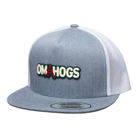 Arkansas Razorbacks OMAHOGS YP Snapback Flat Bill Trucker Hat- Heather Grey/ White