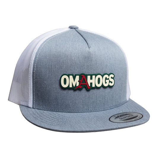 Arkansas Razorbacks OMAHOGS YP Snapback Flat Bill Trucker Hat- Heather Grey/ White