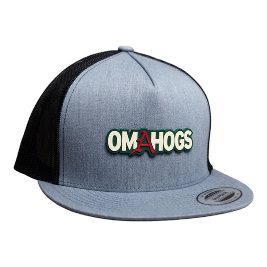 Arkansas Razorbacks OMAHOGS YP Snapback Flat Bill Trucker Hat- Heather Grey/ Black
