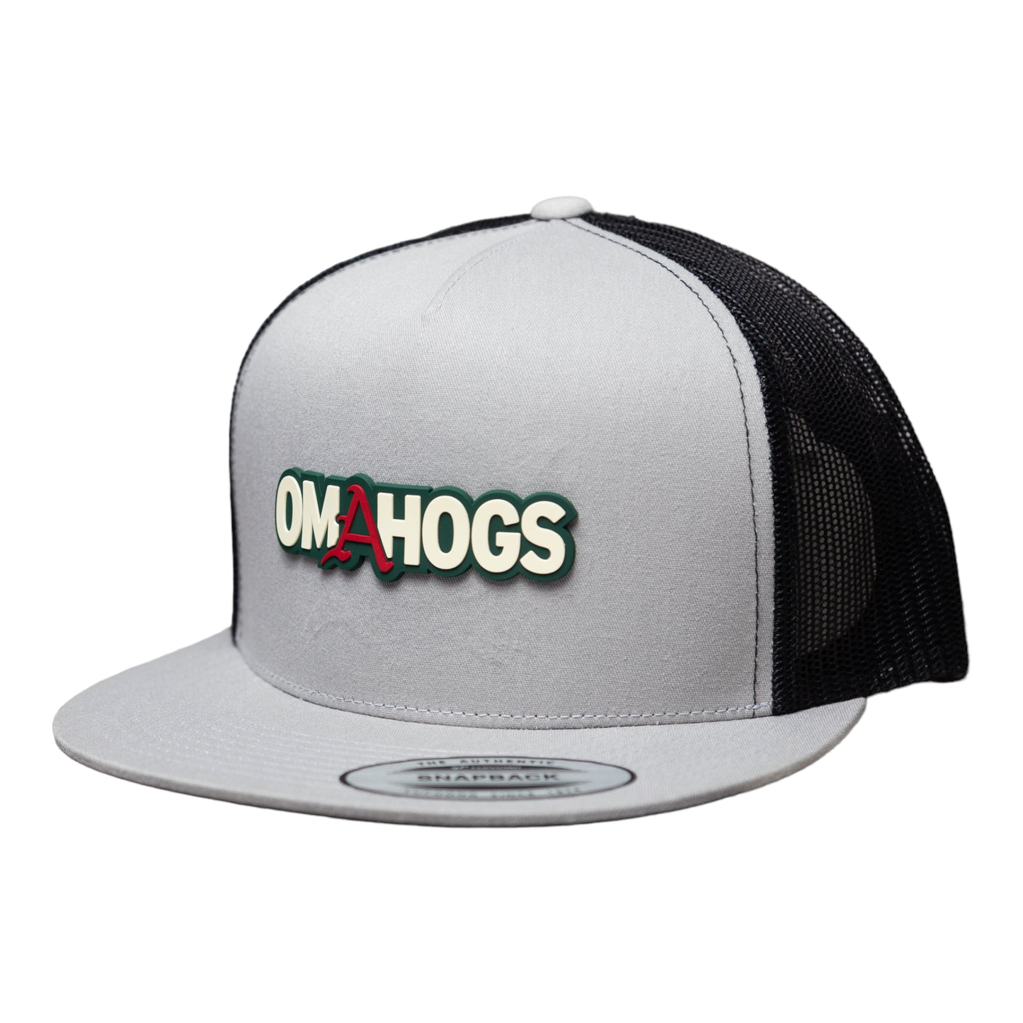 Arkansas Razorbacks OMAHOGS YP Snapback Flat Bill Trucker Hat- Silver/ Black