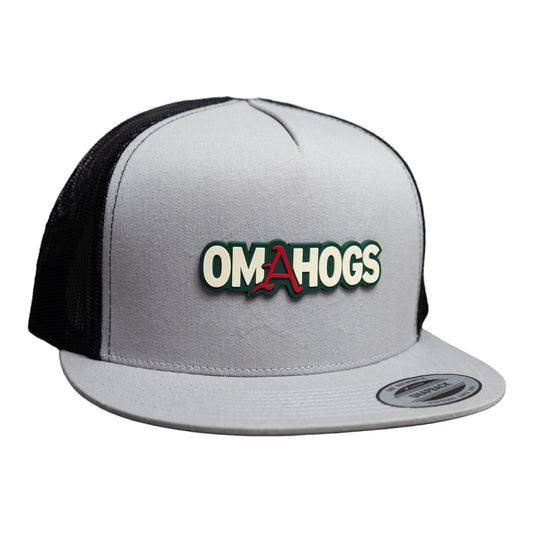 Arkansas Razorbacks OMAHOGS YP Snapback Flat Bill Trucker Hat- Silver/ Black