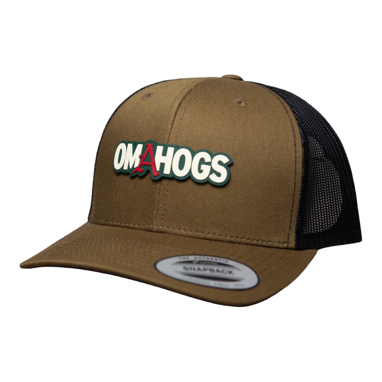Arkansas Razorbacks OMAHOGS 3D YP Snapback Trucker Hat- Coyote Brown/ Black