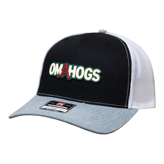Arkansas Razorbacks OMAHOGS 3D Snapback Trucker Hat- Black/ White/ Heather Grey