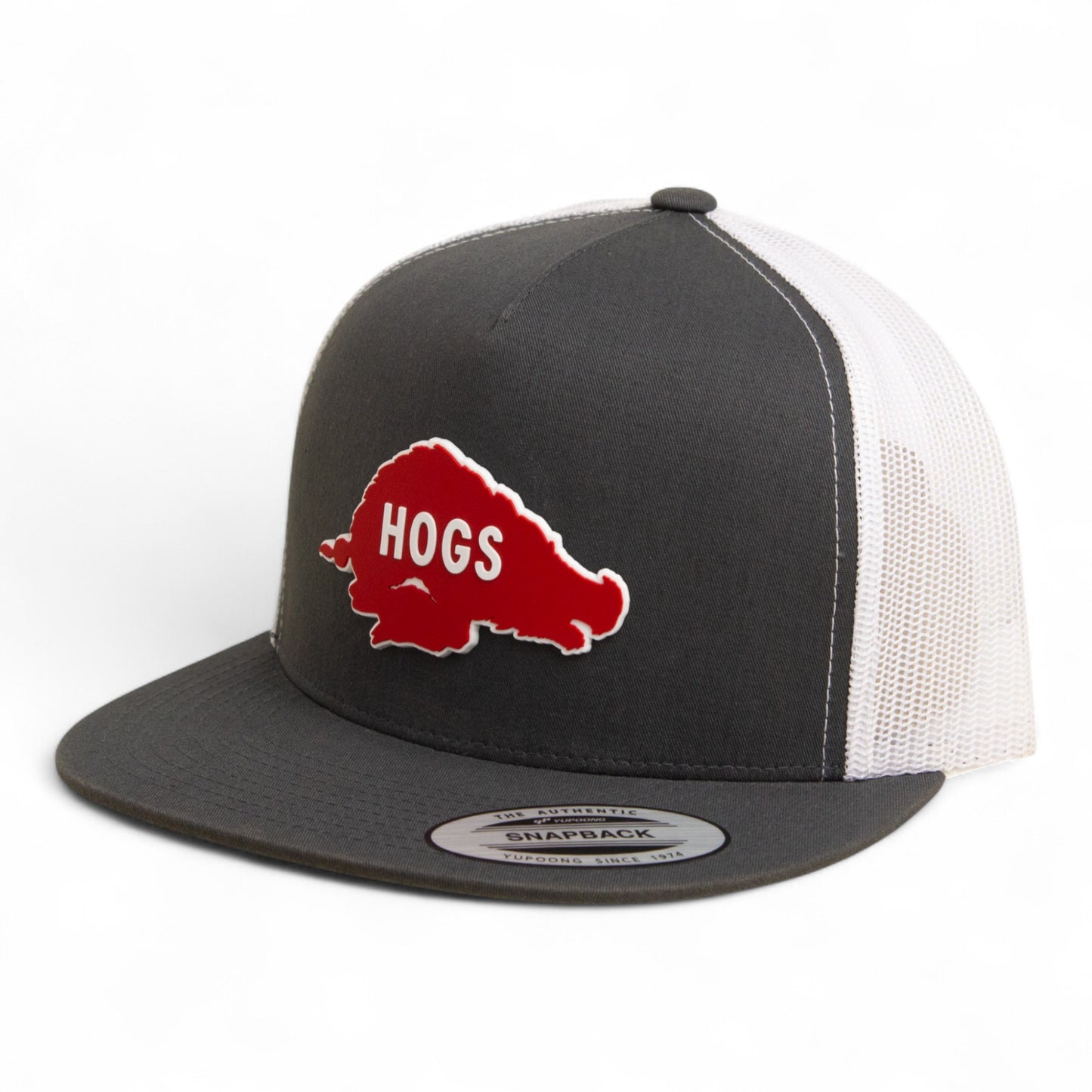 Arkansas Razorbacks Retro HOGS Red 3D YP Snapback Flat Bill Trucker Hat- Charcoal/ White