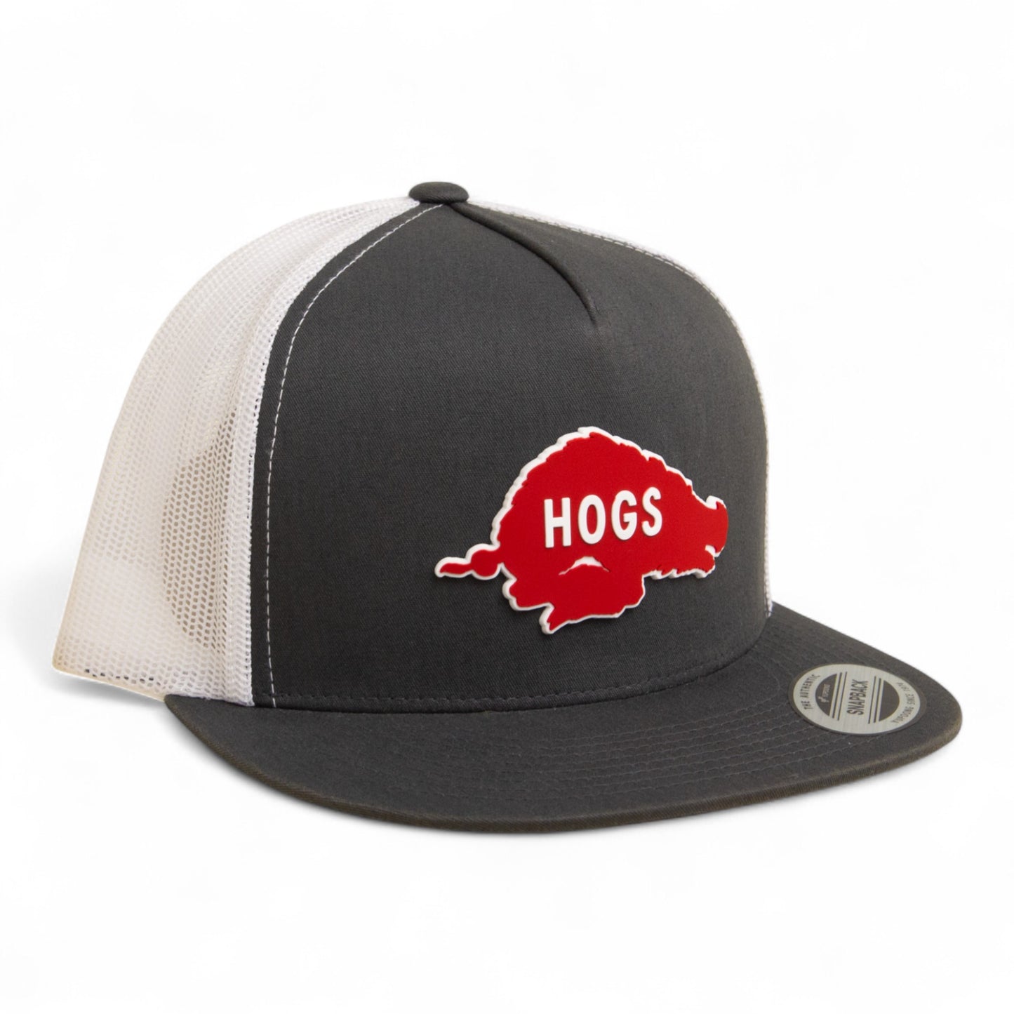 Arkansas Razorbacks Retro HOGS Red 3D YP Snapback Flat Bill Trucker Hat- Charcoal/ White