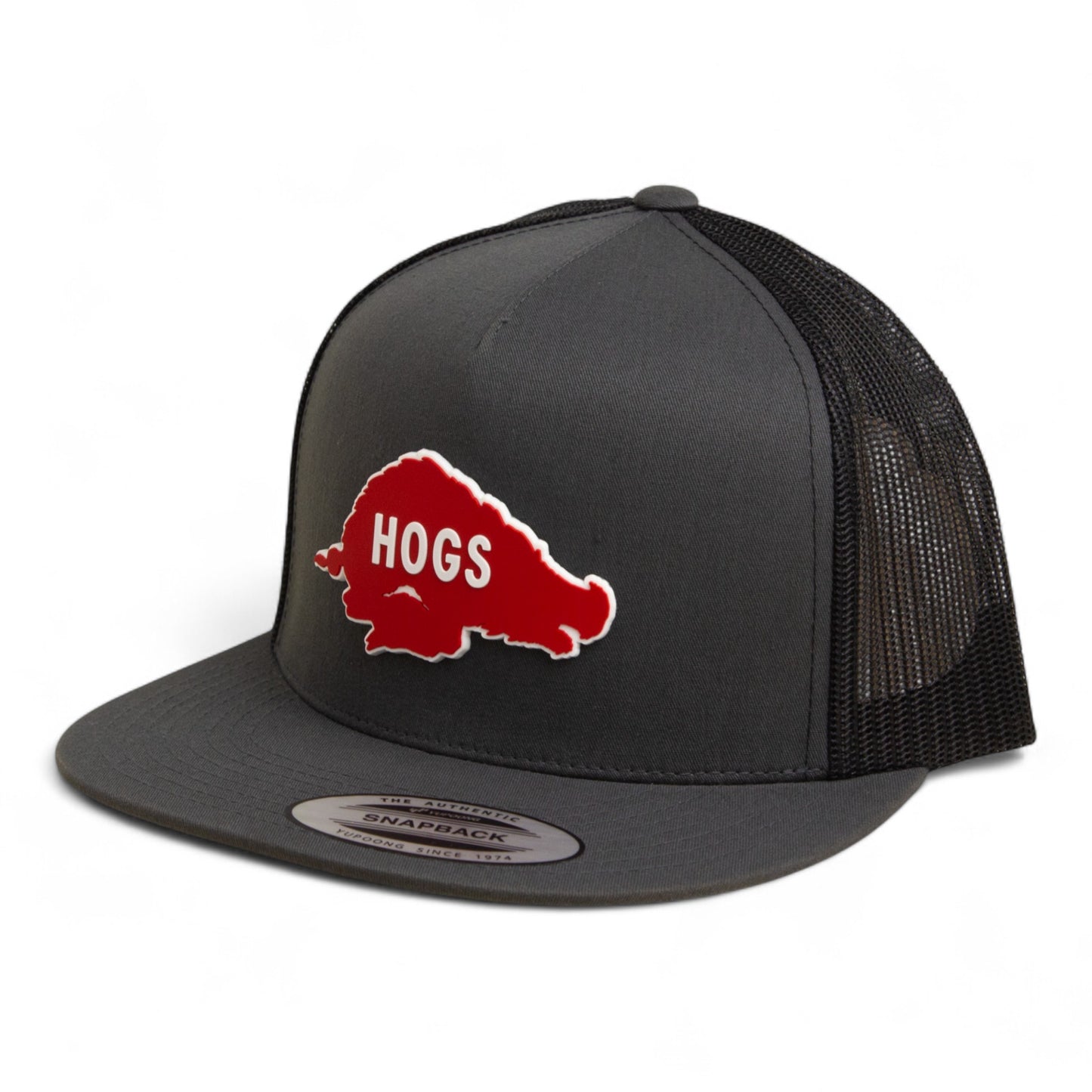 Arkansas Razorbacks Retro HOGS Red 3D YP Snapback Flat Bill Trucker Hat- Charcoal/ Black
