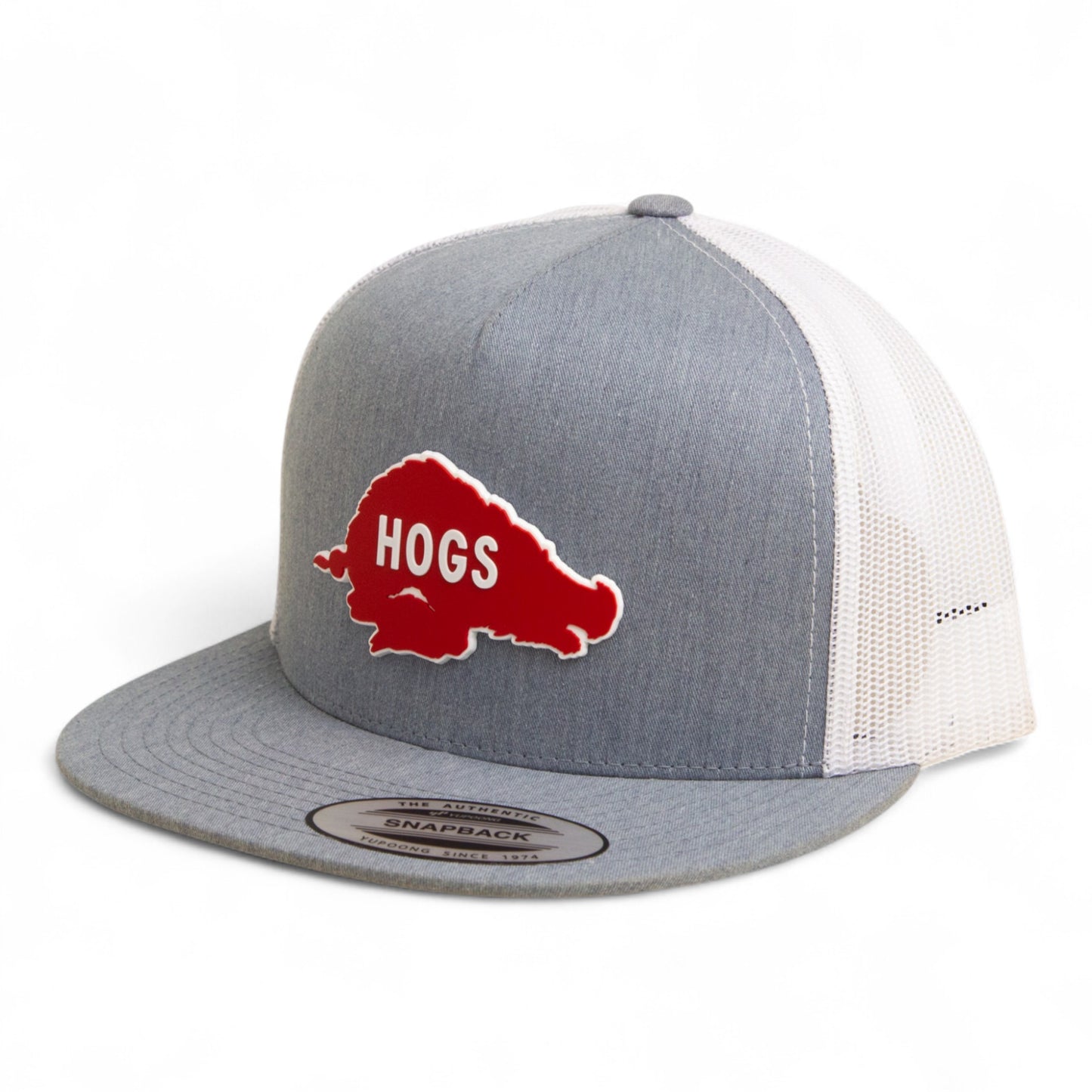 Arkansas Razorbacks Retro HOGS Red 3D YP Snapback Flat Bill Trucker Hat- Heather Grey/ White