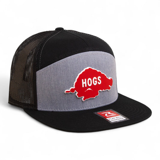 Arkansas Razorbacks Retro HOGS Red 3D Snapback Seven-Panel Flat Bill Trucker Hat- Heather Grey/ Black