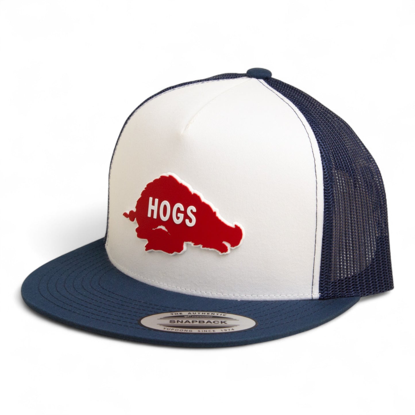 Arkansas Razorbacks Retro HOGS Red 3D YP Snapback Flat Bill Trucker Hat- White/ Navy