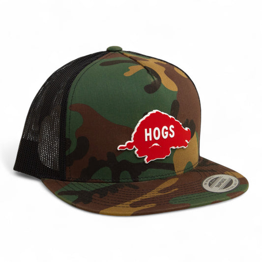 Arkansas Razorbacks Retro HOGS Red 3D YP Snapback Flat Bill Trucker Hat- Army Camo/ Black