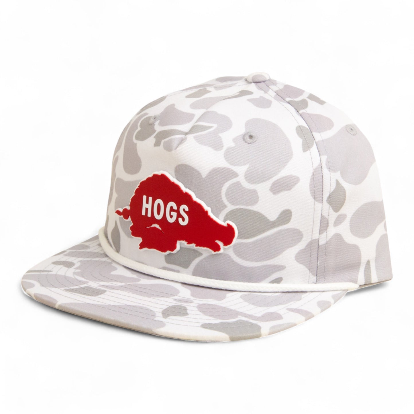 Arkansas Razorbacks Retro HOGS Red 3D Umpqua Rope Hat- Blizzard Duck Camo/ White