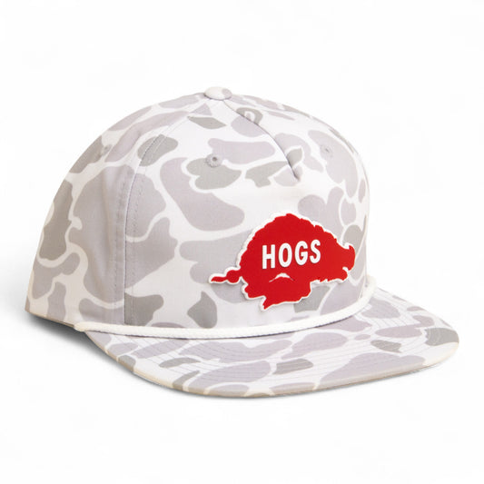Arkansas Razorbacks Retro HOGS Red 3D Umpqua Rope Hat- Blizzard Duck Camo/ White
