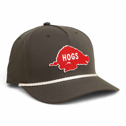 Arkansas Razorbacks Retro HOGS Red 3D Five Panel Classic Rope Hat- Dark Olive Green/ White