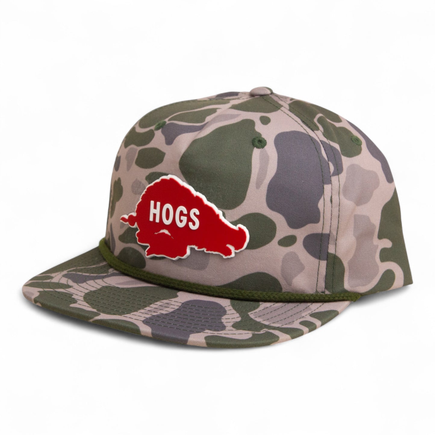 Arkansas Razorbacks Retro HOGS Red 3D Umpqua Rope Hat- Marsh Duck Camo/ Olive Green