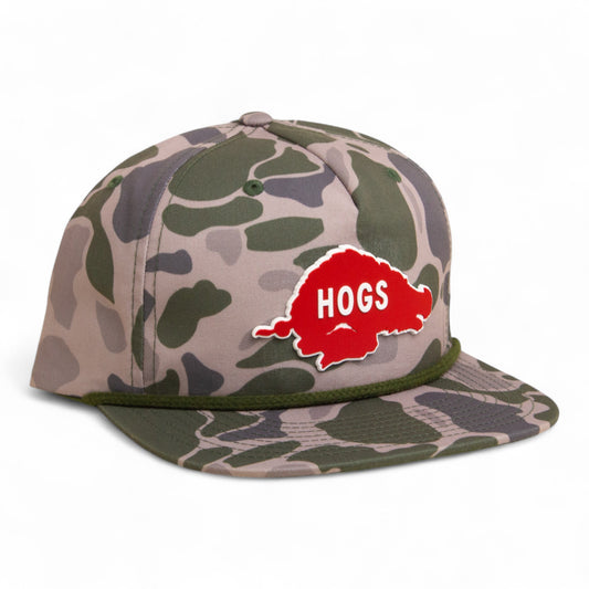 Arkansas Razorbacks Retro HOGS Red 3D Umpqua Rope Hat- Marsh Duck Camo/ Olive Green