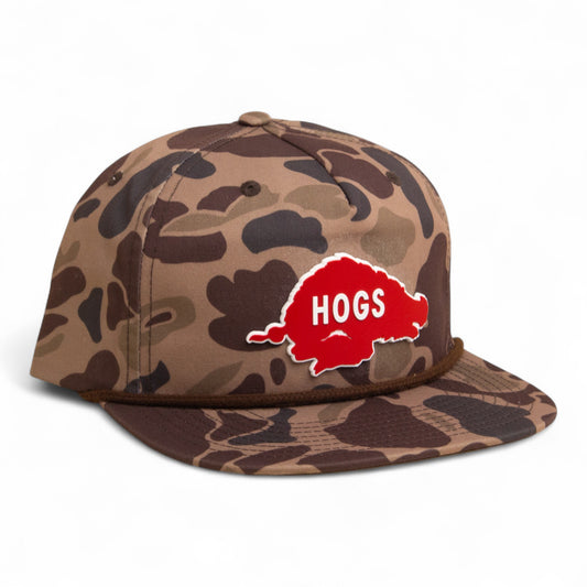 Arkansas Razorbacks Retro HOGS Red 3D Umpqua Rope Hat- Bark Duck Camo/ Brown