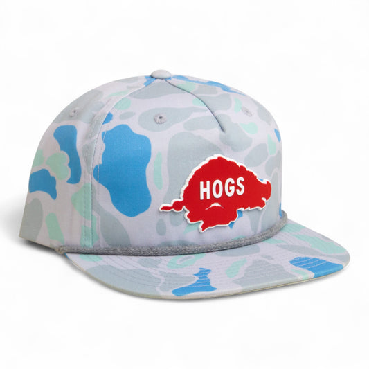 Arkansas Razorbacks Retro HOGS Red 3D Umpqua Rope Hat- Saltwater Duck Camo/ Charcoal