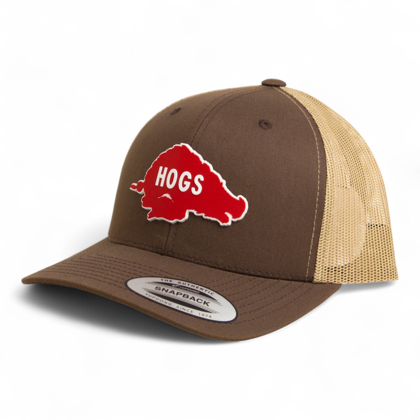 Arkansas Razorbacks Retro HOGS Red 3D YP Snapback Trucker Hat- Brown/ Tan