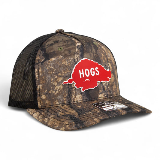 Arkansas Razorbacks Retro HOGS Red 3D Snapback Trucker Hat- Realtree Timber/ Black