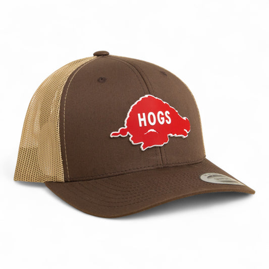 Arkansas Razorbacks Retro HOGS Red 3D YP Snapback Trucker Hat- Brown/ Tan