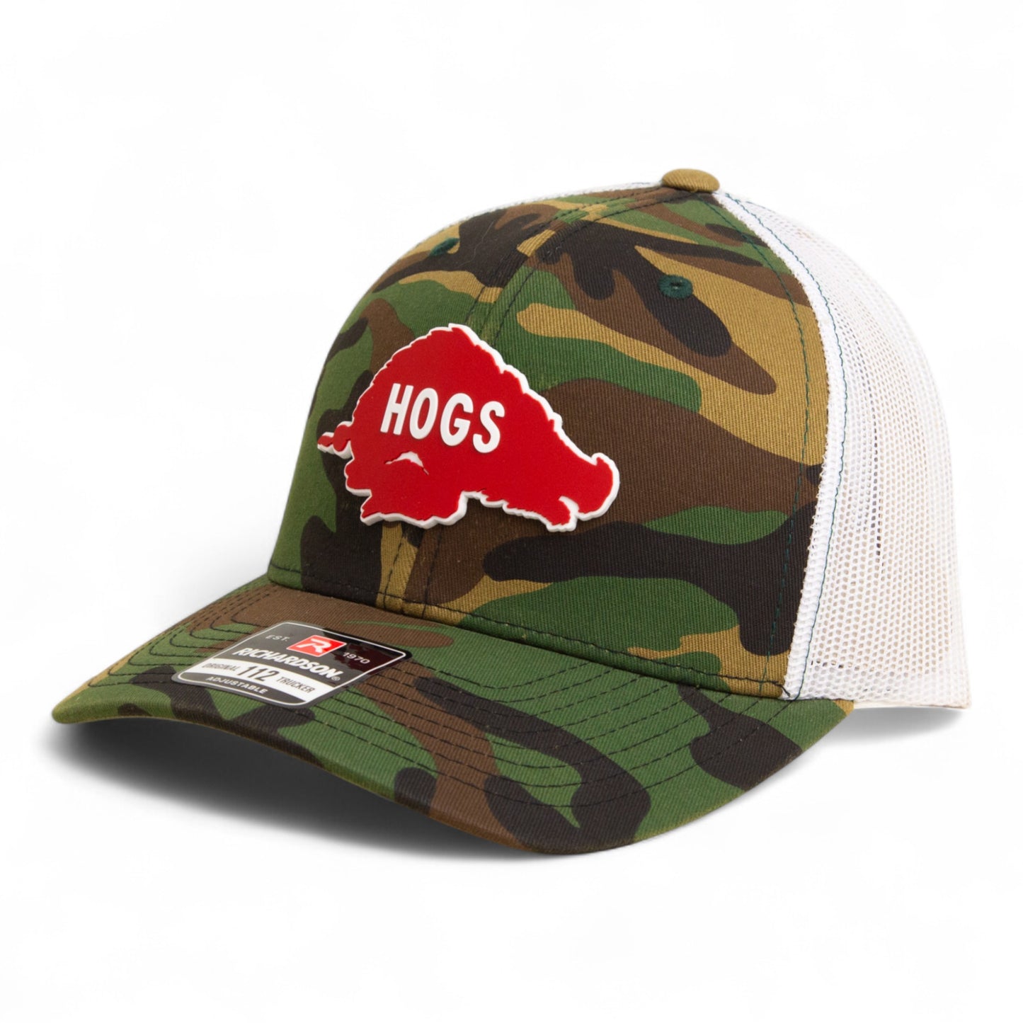 Arkansas Razorbacks Retro HOGS Red 3D Snapback Trucker Hat- Army Camo/ White