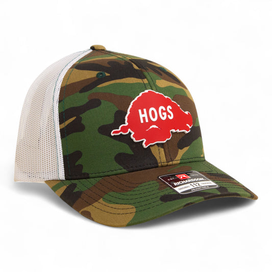 Arkansas Razorbacks Retro HOGS Red 3D Snapback Trucker Hat- Army Camo/ White