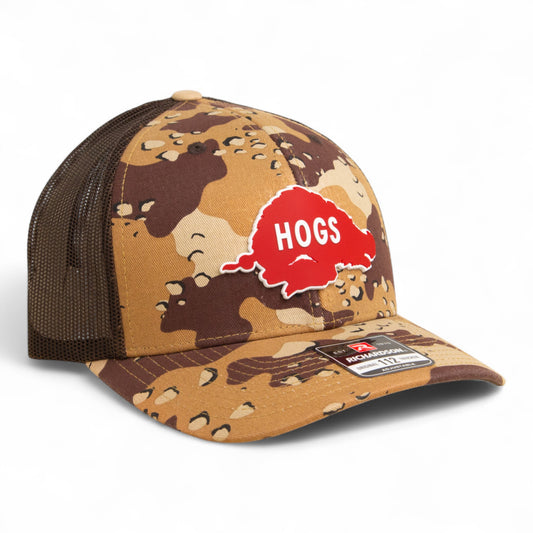 Arkansas Razorbacks Retro HOGS Red 3D Snapback Trucker Hat- Desert Camo/ Brown