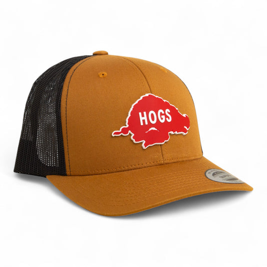 Arkansas Razorbacks Retro HOGS Red 3D YP Snapback Trucker Hat- Caramel/ Black