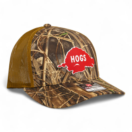 Arkansas Razorbacks Retro HOGS Red 3D Snapback Trucker Hat- Realtree Max 7/ Buck