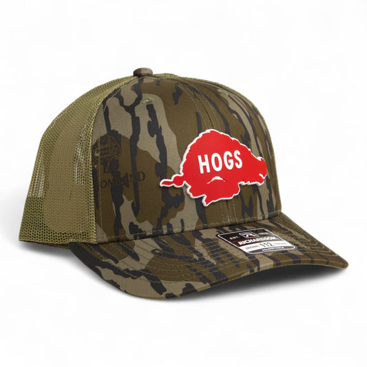 Arkansas Razorbacks Retro HOGS Red 3D Snapback Trucker Hat- Mossy Oak Bottomland/ Loden