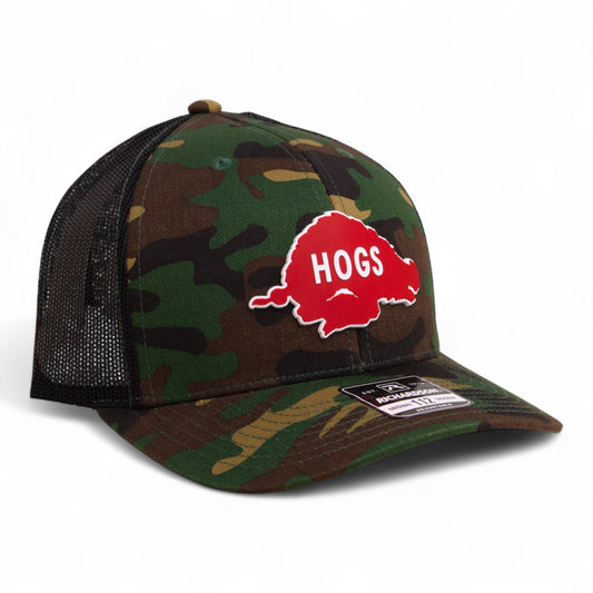 Arkansas Razorbacks Retro HOGS Red 3D Snapback Trucker Hat- Army Camo/ Black