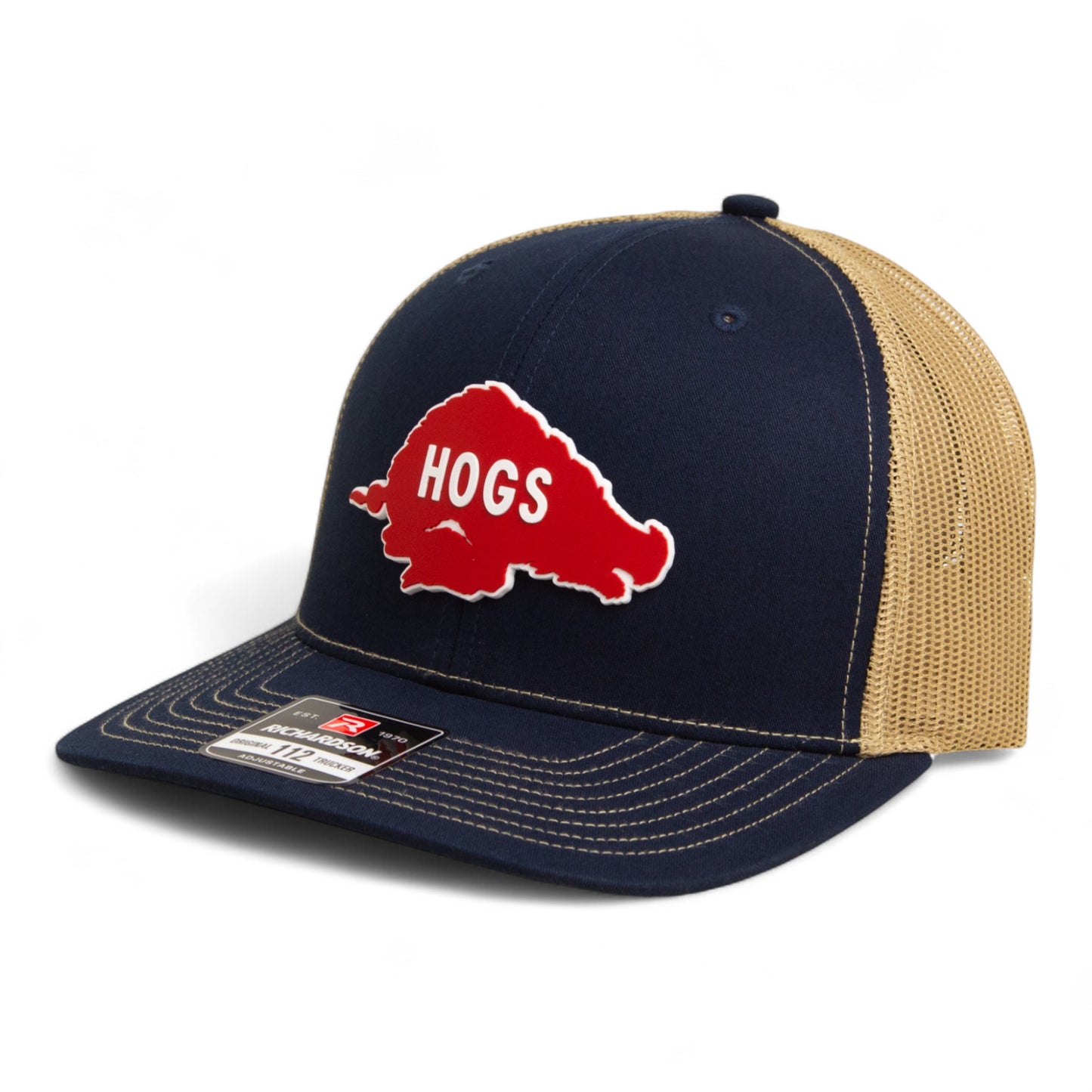 Arkansas Razorbacks Retro HOGS Red 3D Snapback Trucker Hat- Navy/ Tan