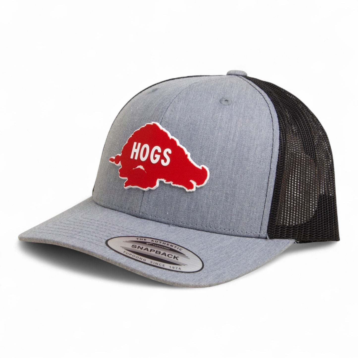 Arkansas Razorbacks Retro HOGS Red 3D YP Snapback Trucker Hat- Heather Grey/ Black